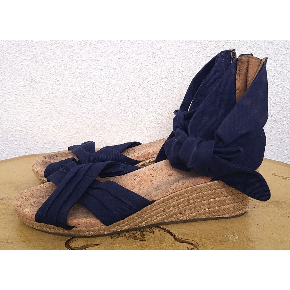 UGG Navy Blue US 9 Fabric Cork Espadrille Ankle‎ Tie Wedge Sandals Quiet Luxury - Picture 4 of 8